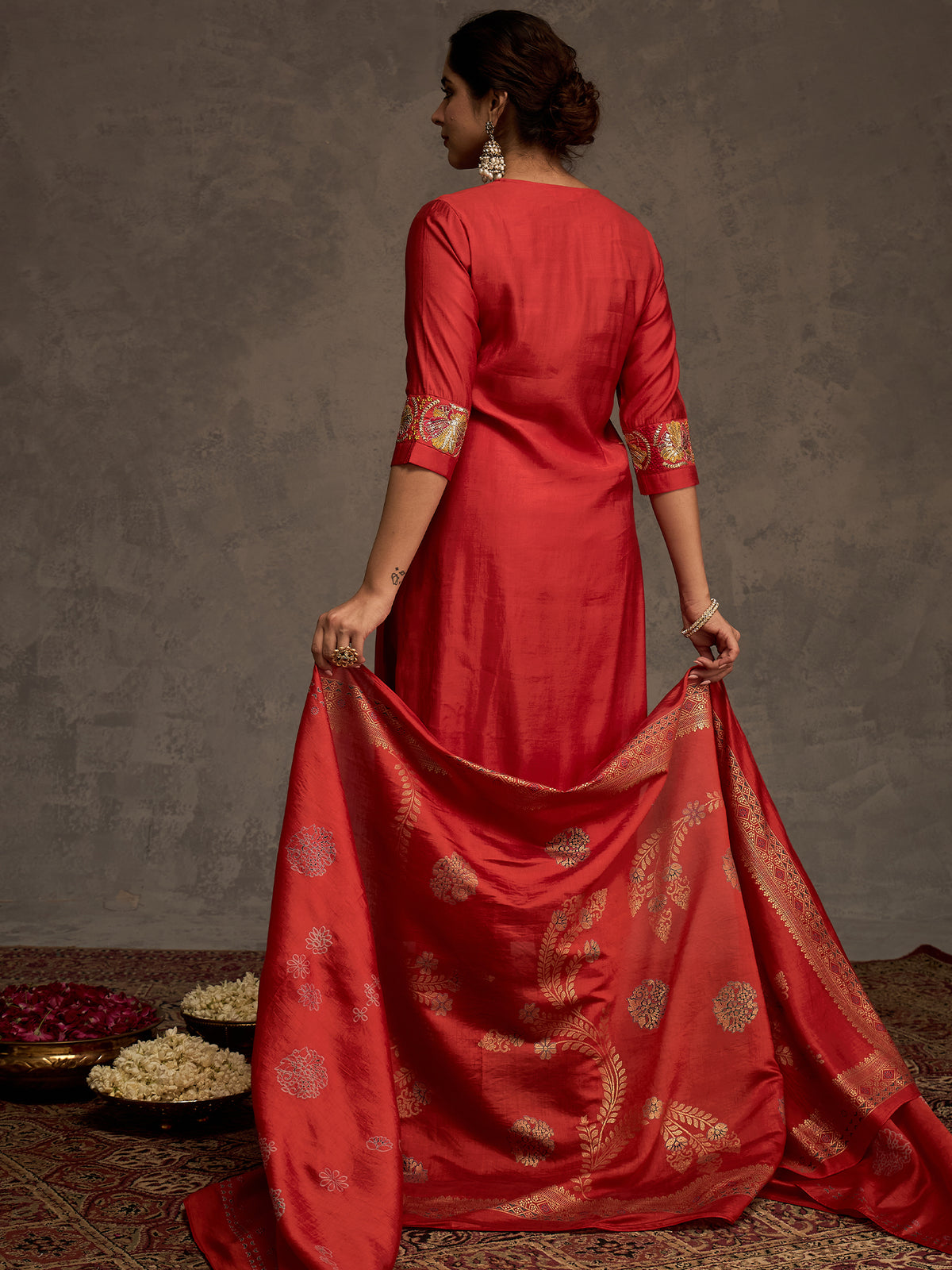 Rust Embroidered Straight Kurta Trousers With Dupatta Set