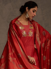 Rust Embroidered Straight Kurta Trousers With Dupatta Set