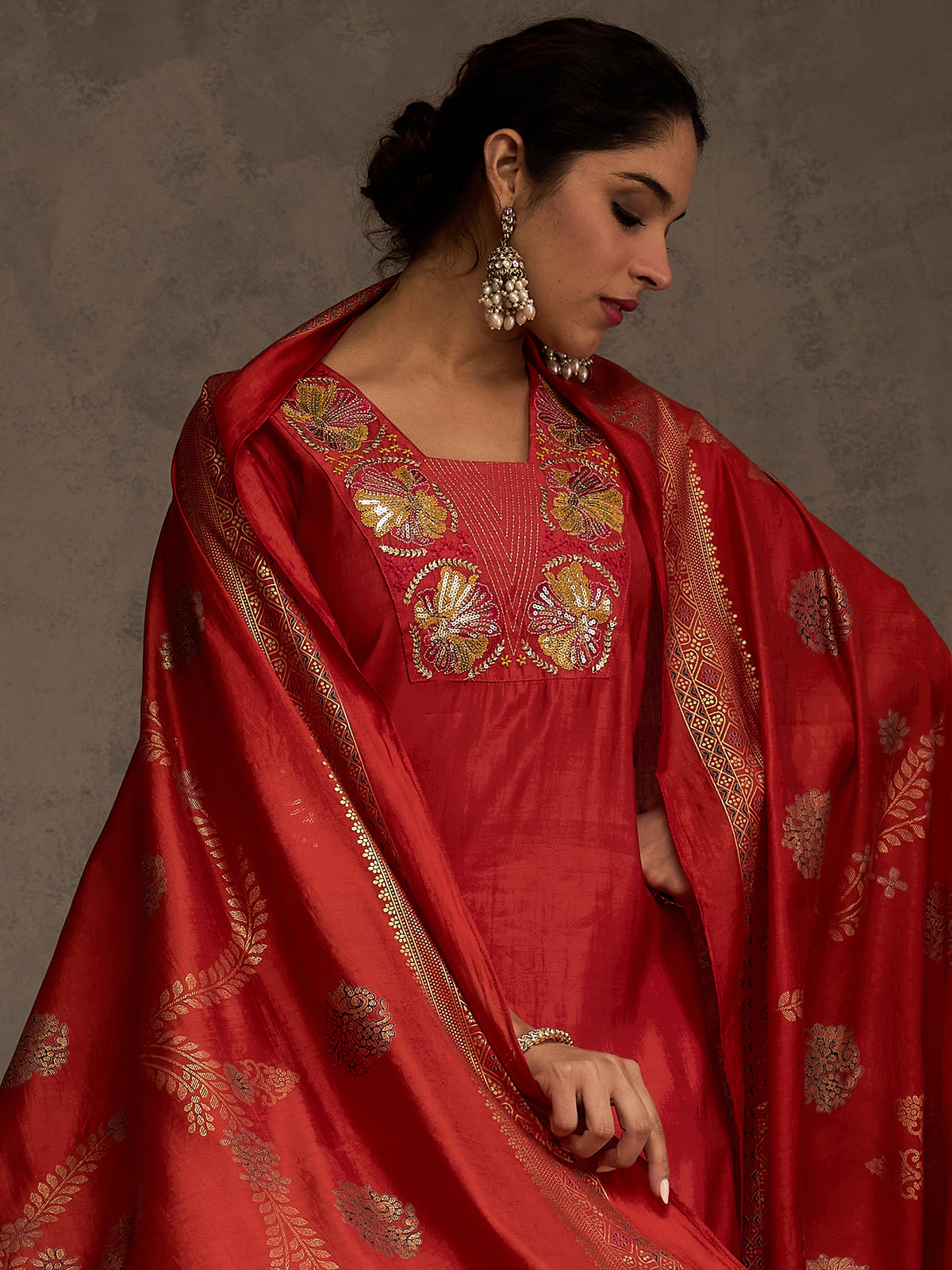 Rust Embroidered Straight Kurta Trousers With Dupatta Set