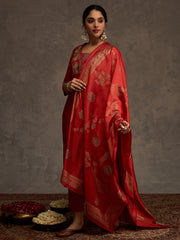 Rust Embroidered Straight Kurta Trousers With Dupatta Set