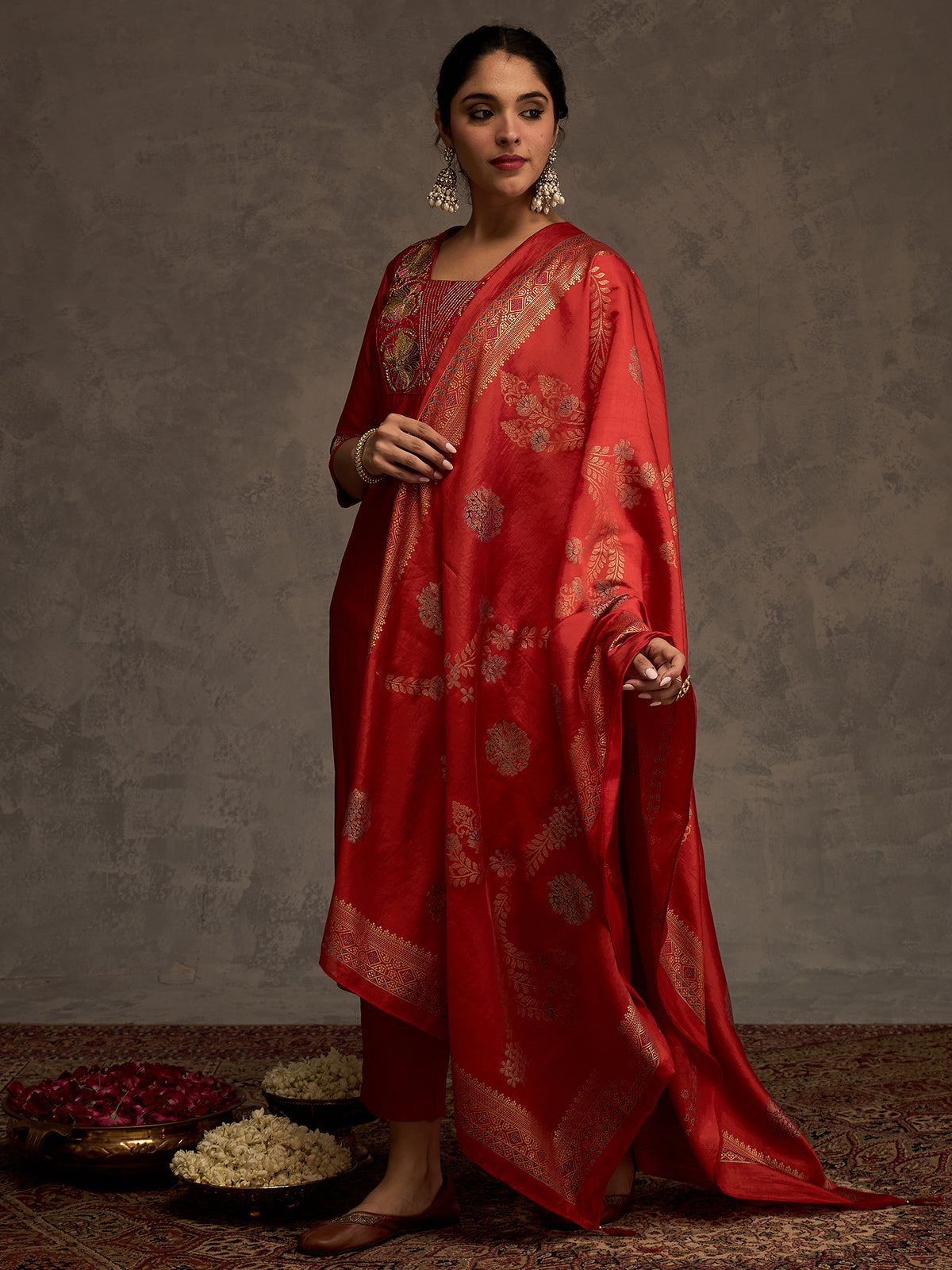 Rust Embroidered Straight Kurta Trousers With Dupatta Set
