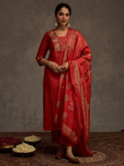 Rust Embroidered Straight Kurta Trousers With Dupatta Set