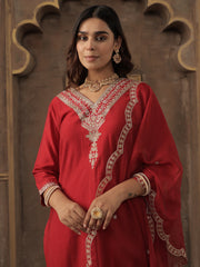 Red Embroidered Straight Kurta Trousers With Dupatta Set