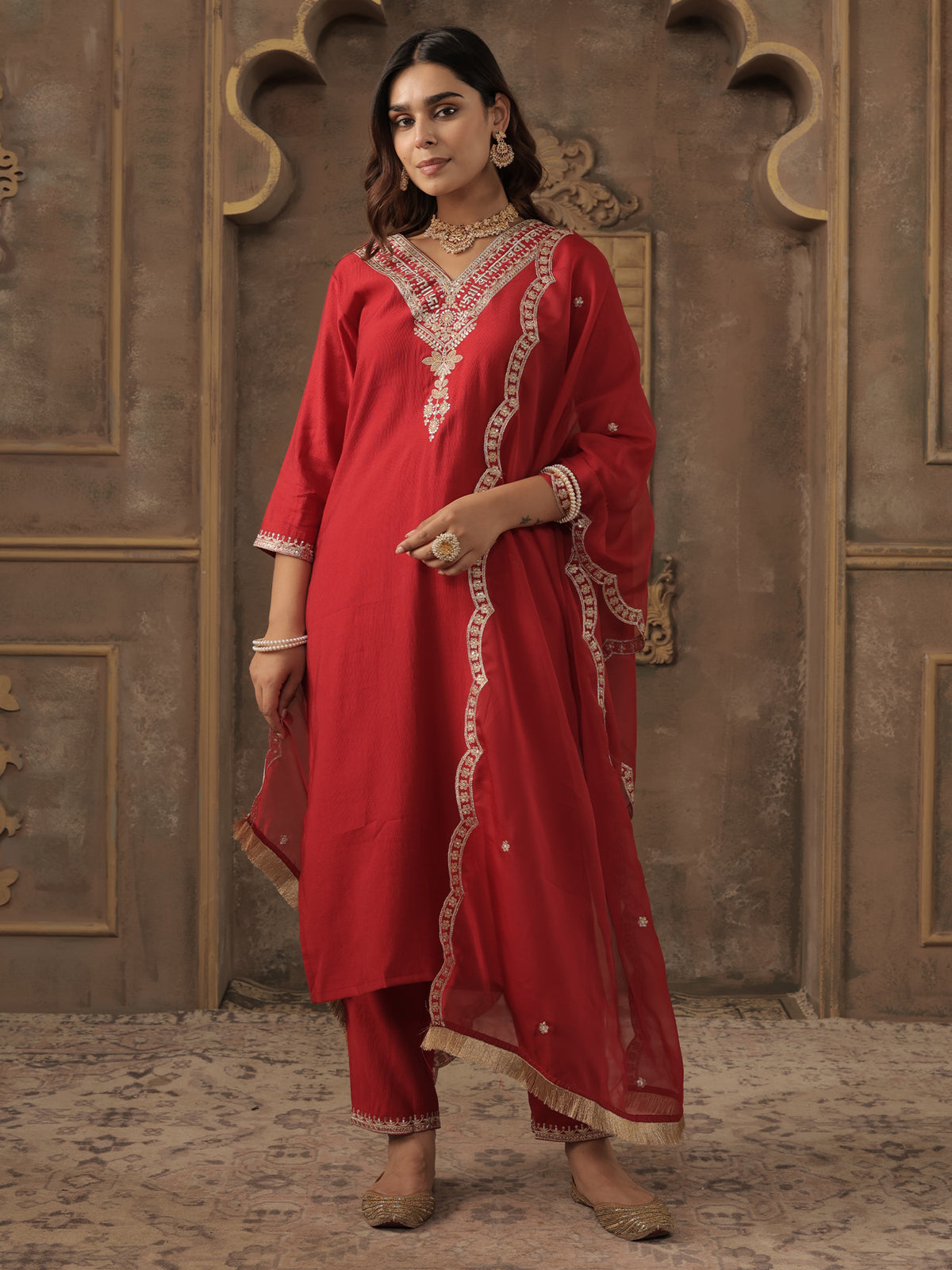 Red Embroidered Straight Kurta Trousers With Dupatta Set