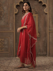 Red Embroidered Straight Kurta Trousers With Dupatta Set
