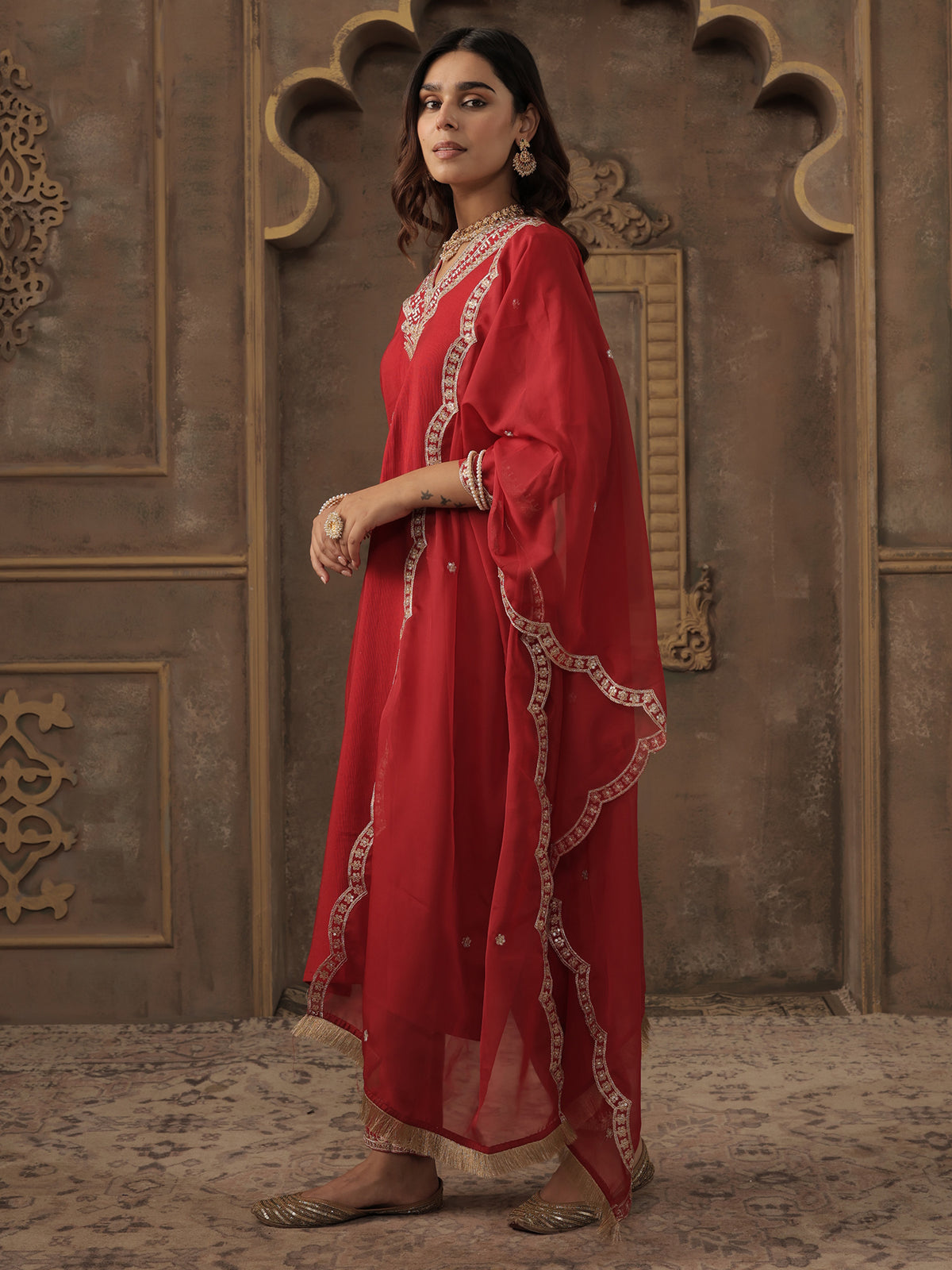 Red Embroidered Straight Kurta Trousers With Dupatta Set