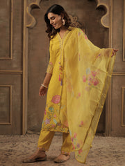 Mustard Embroidered Straight Kurta Trousers With Dupatta Set