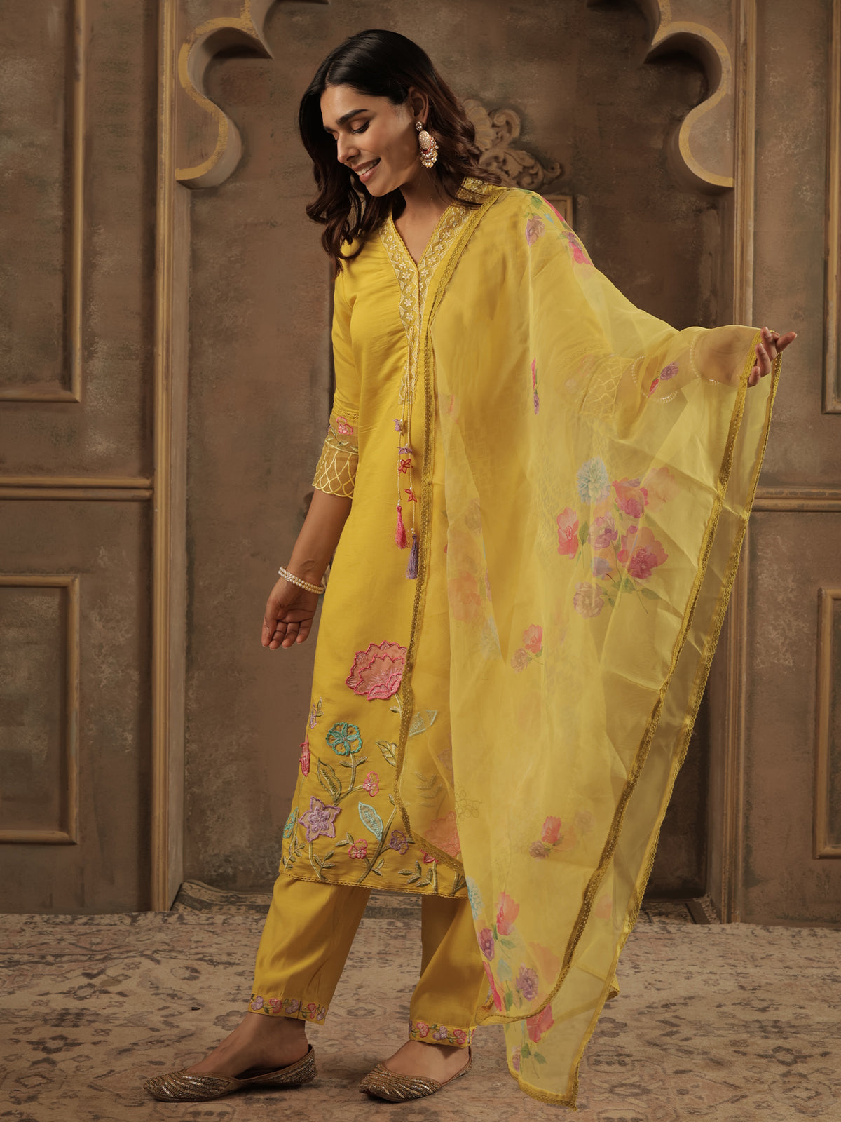 Mustard Embroidered Straight Kurta Trousers With Dupatta Set