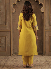 Mustard Embroidered Straight Kurta Trousers With Dupatta Set