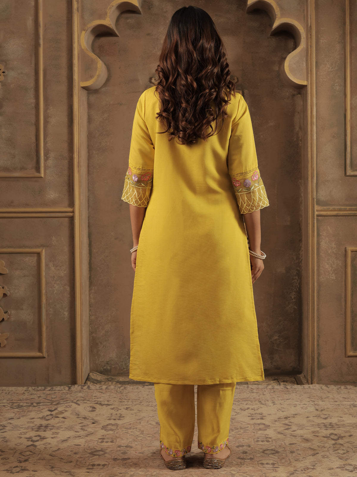 Mustard Embroidered Straight Kurta Trousers With Dupatta Set