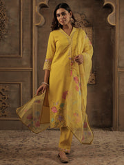 Mustard Embroidered Straight Kurta Trousers With Dupatta Set