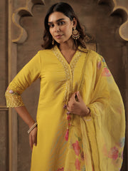 Mustard Embroidered Straight Kurta Trousers With Dupatta Set