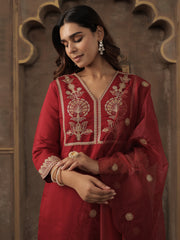 Maroon Embroidered Straight Kurta Trousers With Dupatta Set