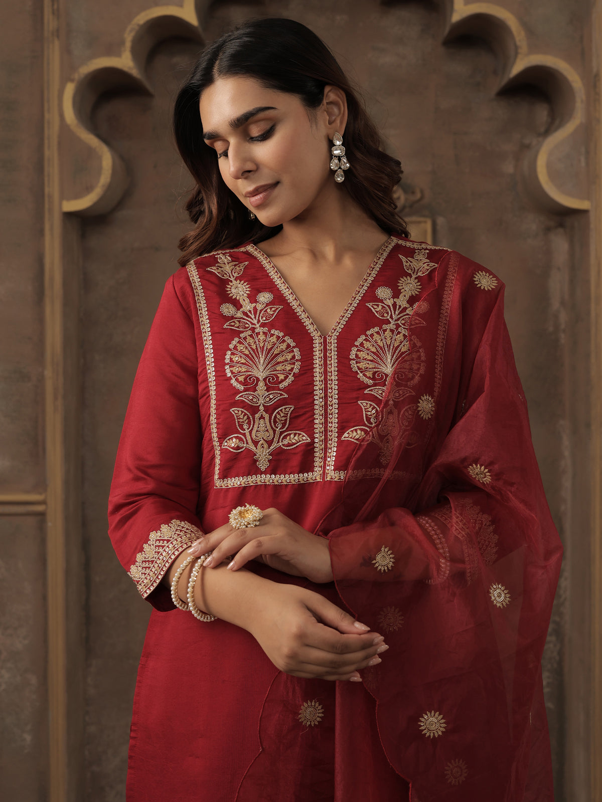 Maroon Embroidered Straight Kurta Trousers With Dupatta Set