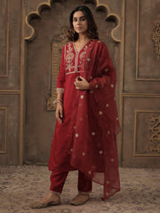 Maroon Embroidered Straight Kurta Trousers With Dupatta Set