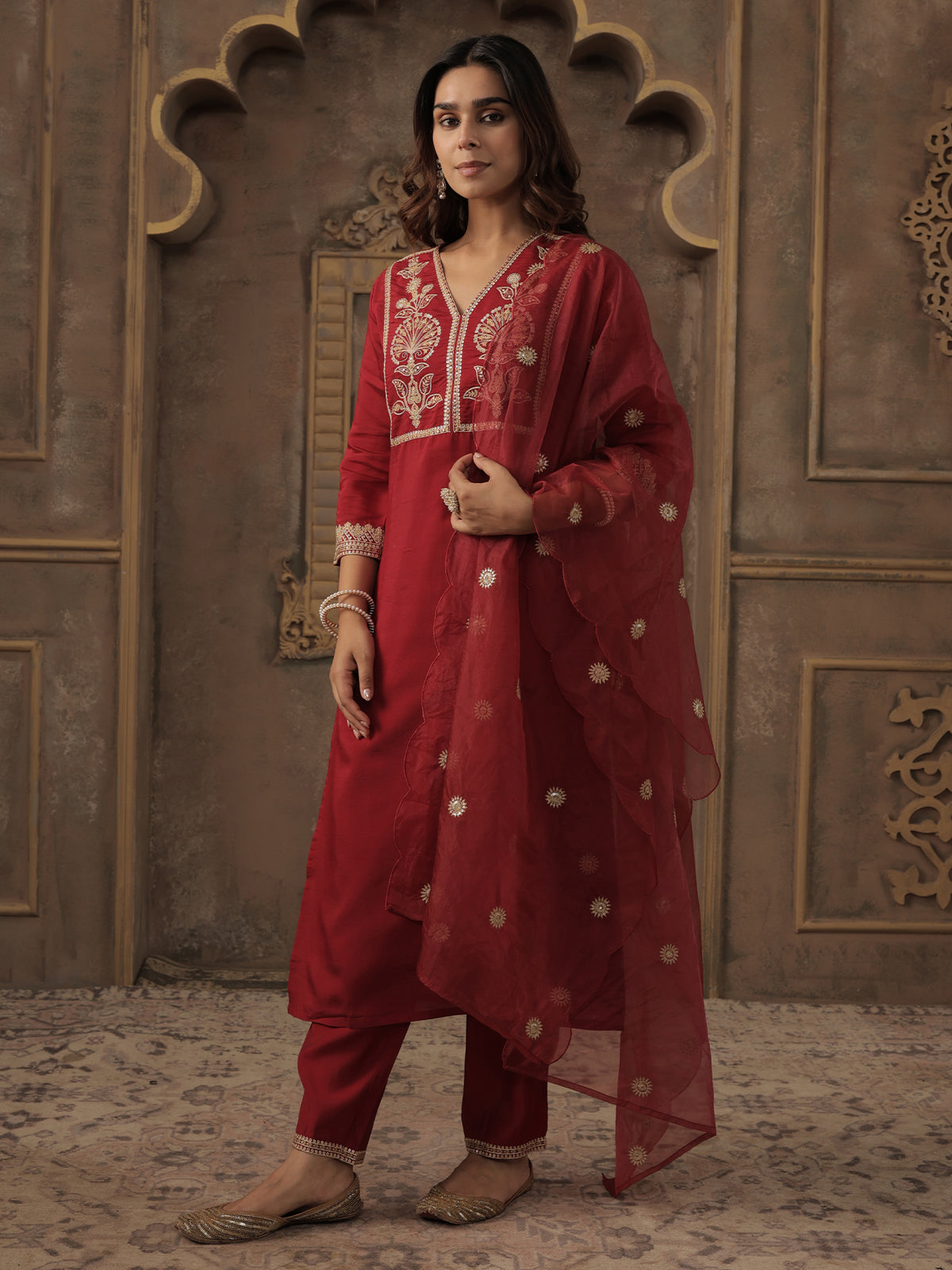 Maroon Embroidered Straight Kurta Trousers With Dupatta Set