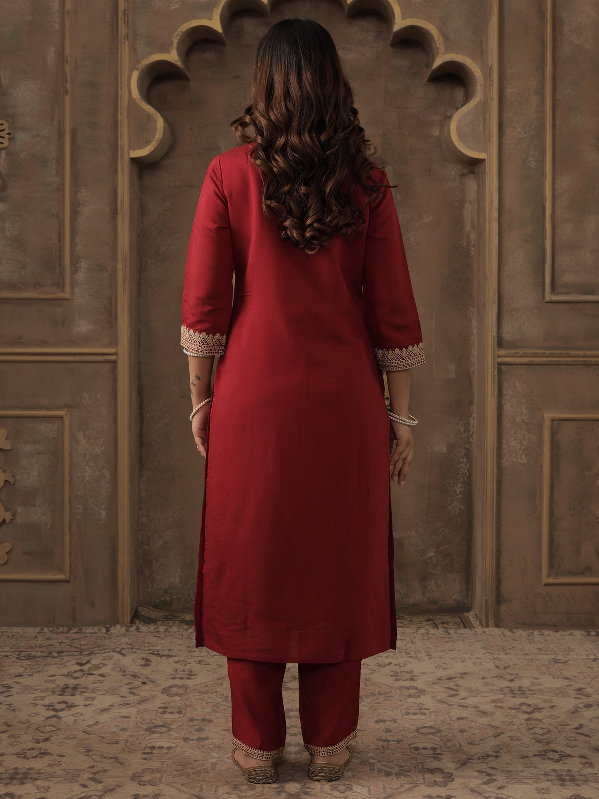 Maroon Embroidered Straight Kurta Trousers With Dupatta Set