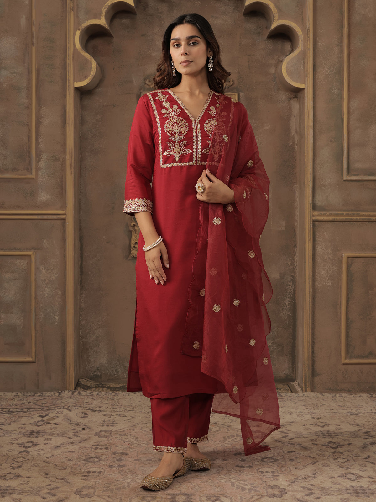 Maroon Embroidered Straight Kurta Trousers With Dupatta Set