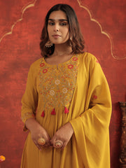 Mustard Embroidered A-Line Kurta Trousers With Dupatta Set