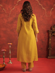 Mustard Embroidered A-Line Kurta Trousers With Dupatta Set