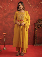Mustard Embroidered A-Line Kurta Trousers With Dupatta Set