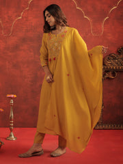 Mustard Embroidered A-Line Kurta Trousers With Dupatta Set