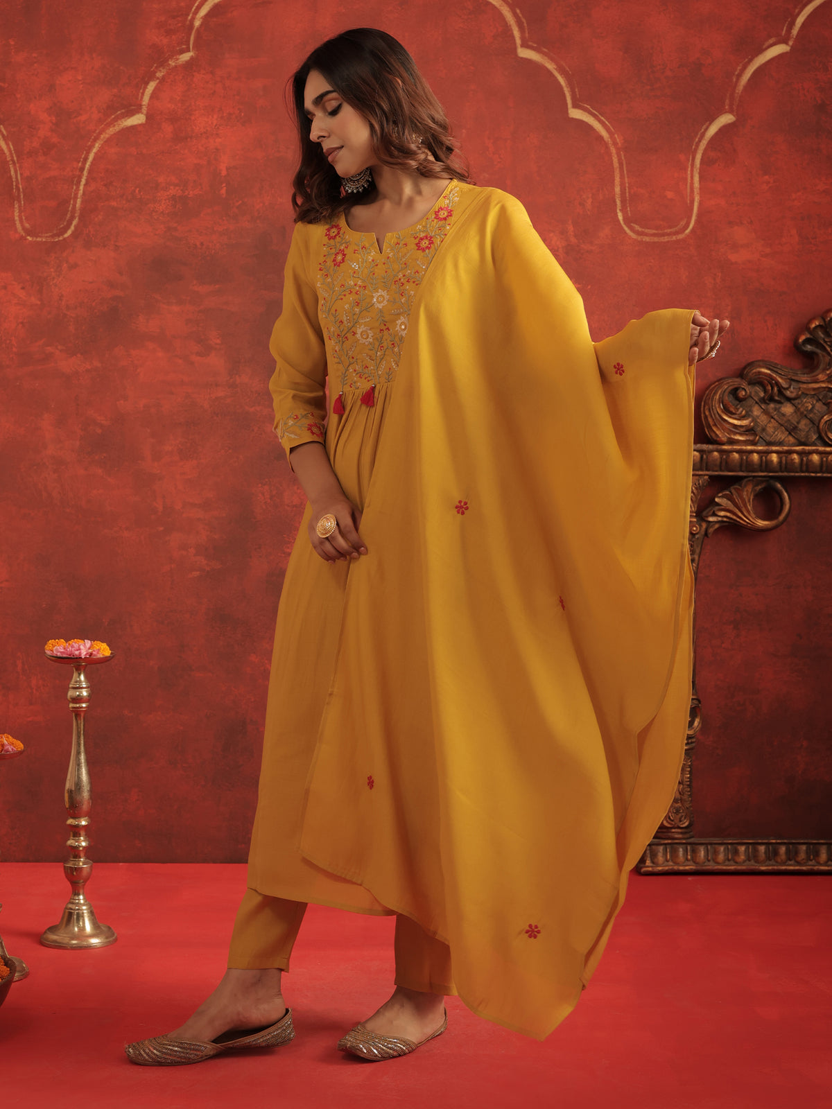 Mustard Embroidered A-Line Kurta Trousers With Dupatta Set