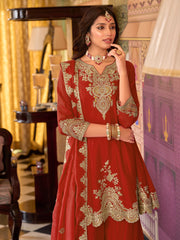 Rust Embroidered A-Line Kurta Palazzos With Dupatta Set