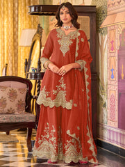 Rust Embroidered A-Line Kurta Palazzos With Dupatta Set