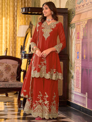 Rust Embroidered A-Line Kurta Palazzos With Dupatta Set
