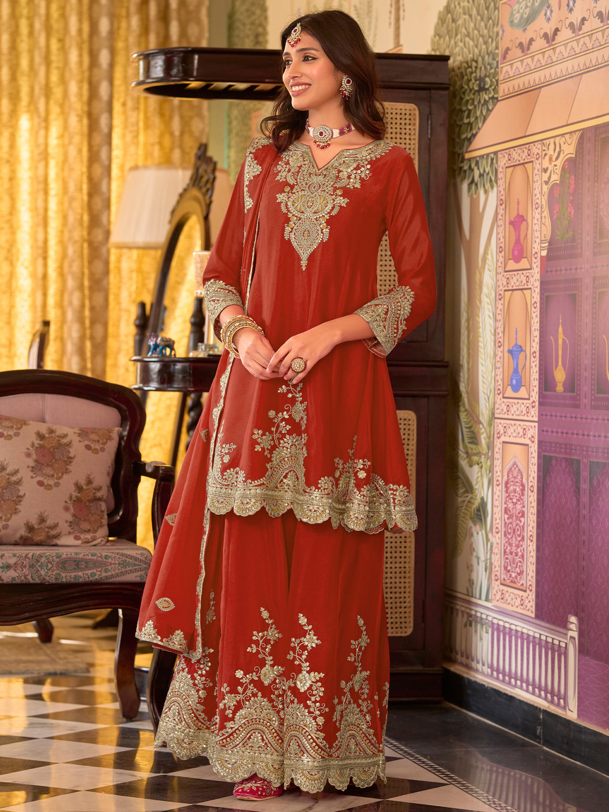 Rust Embroidered A-Line Kurta Palazzos With Dupatta Set