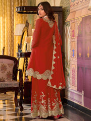 Rust Embroidered A-Line Kurta Palazzos With Dupatta Set