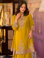 Green Embroidered A-Line Kurta Palazzos With Dupatta Set