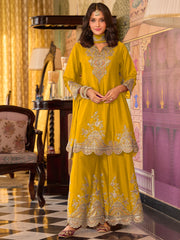 Green Embroidered A-Line Kurta Palazzos With Dupatta Set
