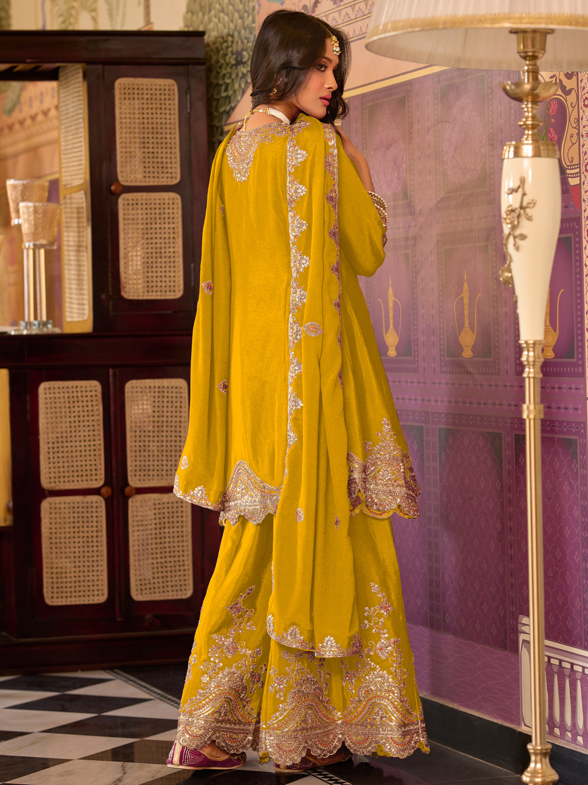 Green Embroidered A-Line Kurta Palazzos With Dupatta Set