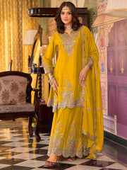 Green Embroidered A-Line Kurta Palazzos With Dupatta Set
