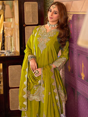 Yellow Embroidered A-Line Kurta Palazzos With Dupatta Set