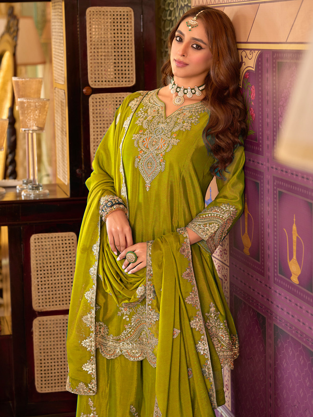 Yellow Embroidered A-Line Kurta Palazzos With Dupatta Set