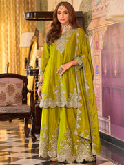 Yellow Embroidered A-Line Kurta Palazzos With Dupatta Set