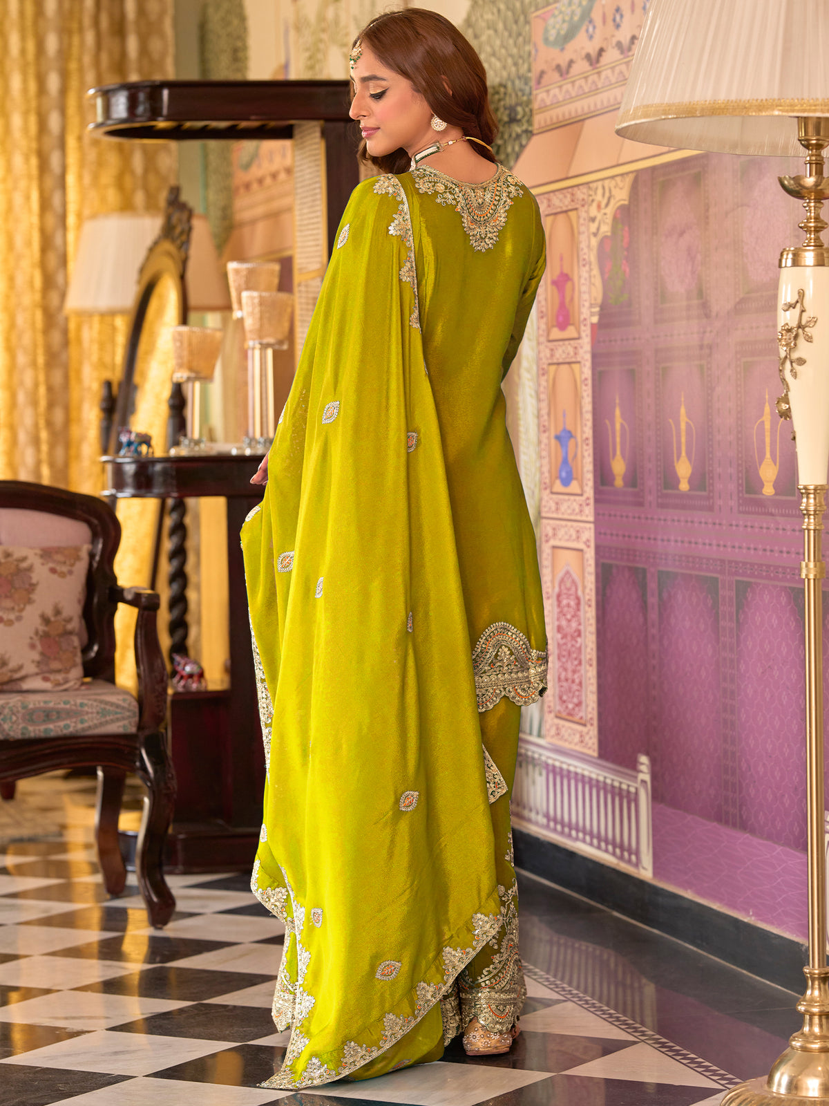 Yellow Embroidered A-Line Kurta Palazzos With Dupatta Set