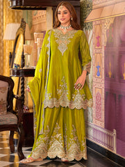 Yellow Embroidered A-Line Kurta Palazzos With Dupatta Set
