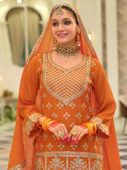 Orange Embroidered Straight Kurta Skirt With Dupatta Set