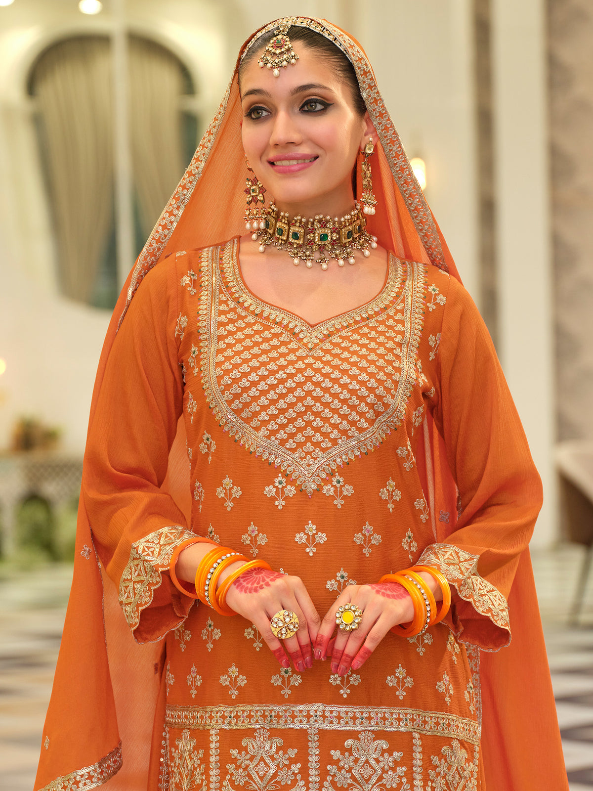 Orange Embroidered Straight Kurta Skirt With Dupatta Set
