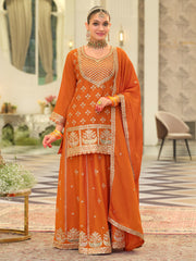 Orange Embroidered Straight Kurta Skirt With Dupatta Set
