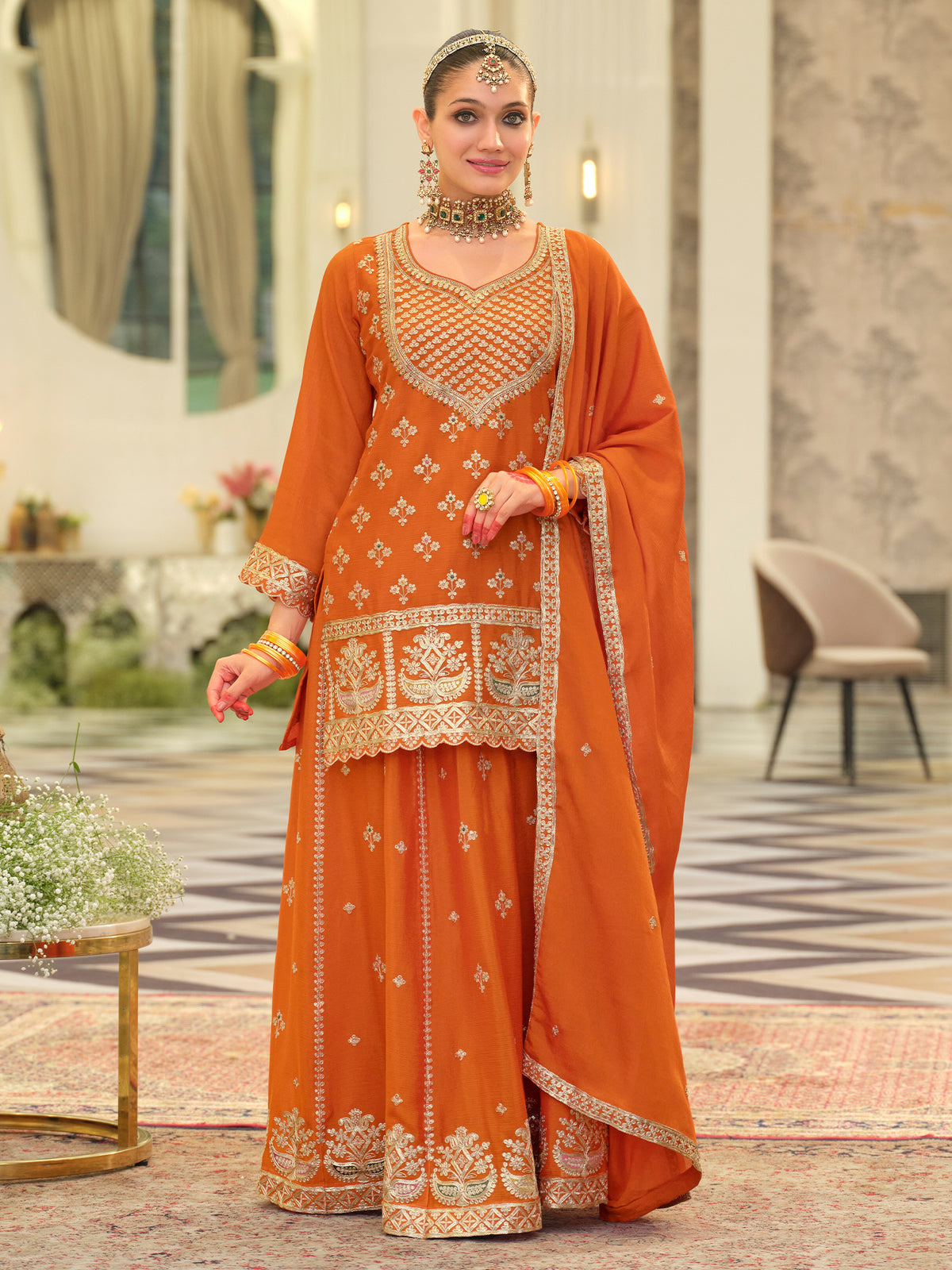 Orange Embroidered Straight Kurta Skirt With Dupatta Set