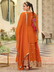 Orange Embroidered Straight Kurta Skirt With Dupatta Set