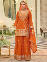 Orange Embroidered Straight Kurta Skirt With Dupatta Set