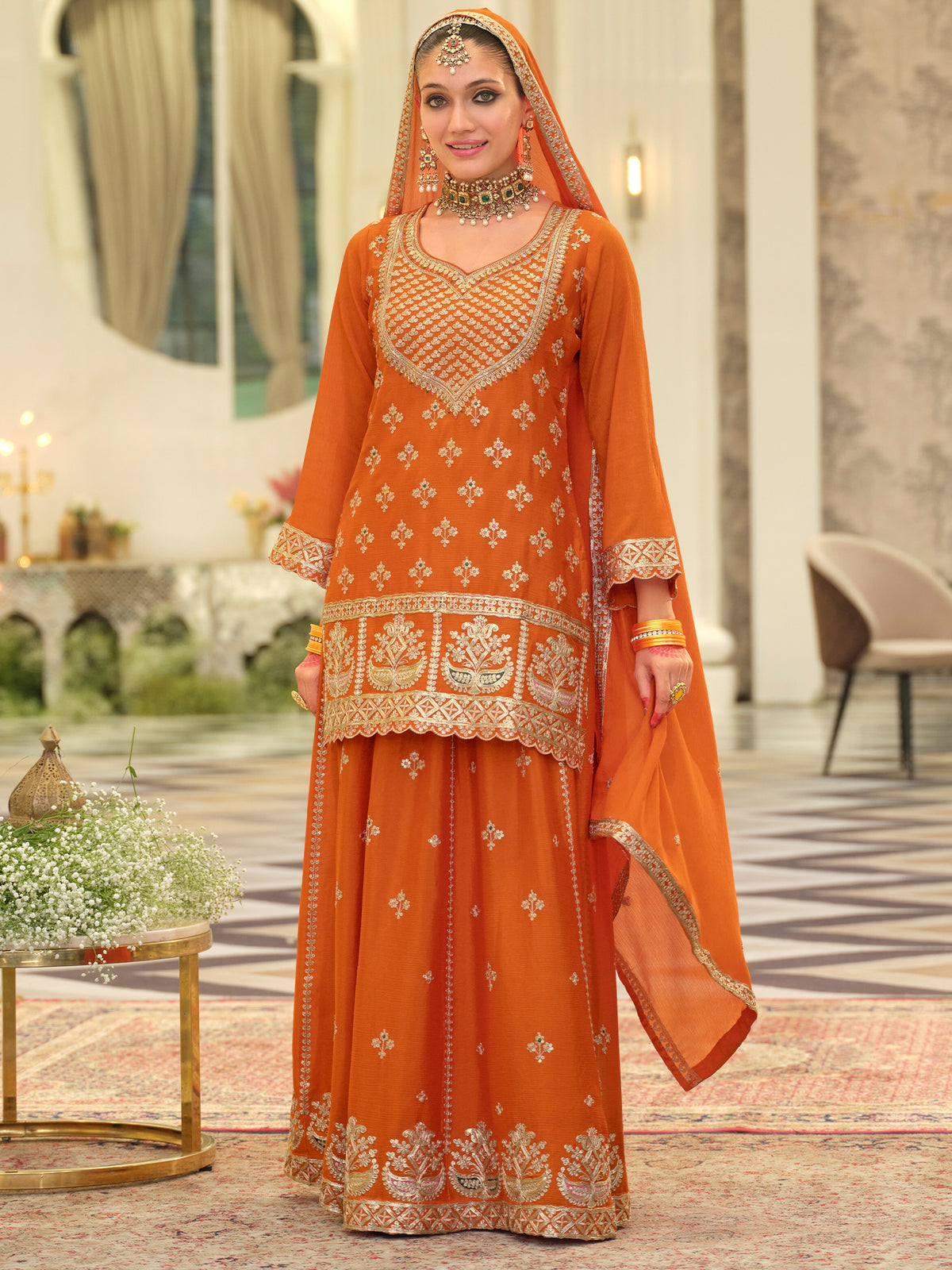 Orange Embroidered Straight Kurta Skirt With Dupatta Set