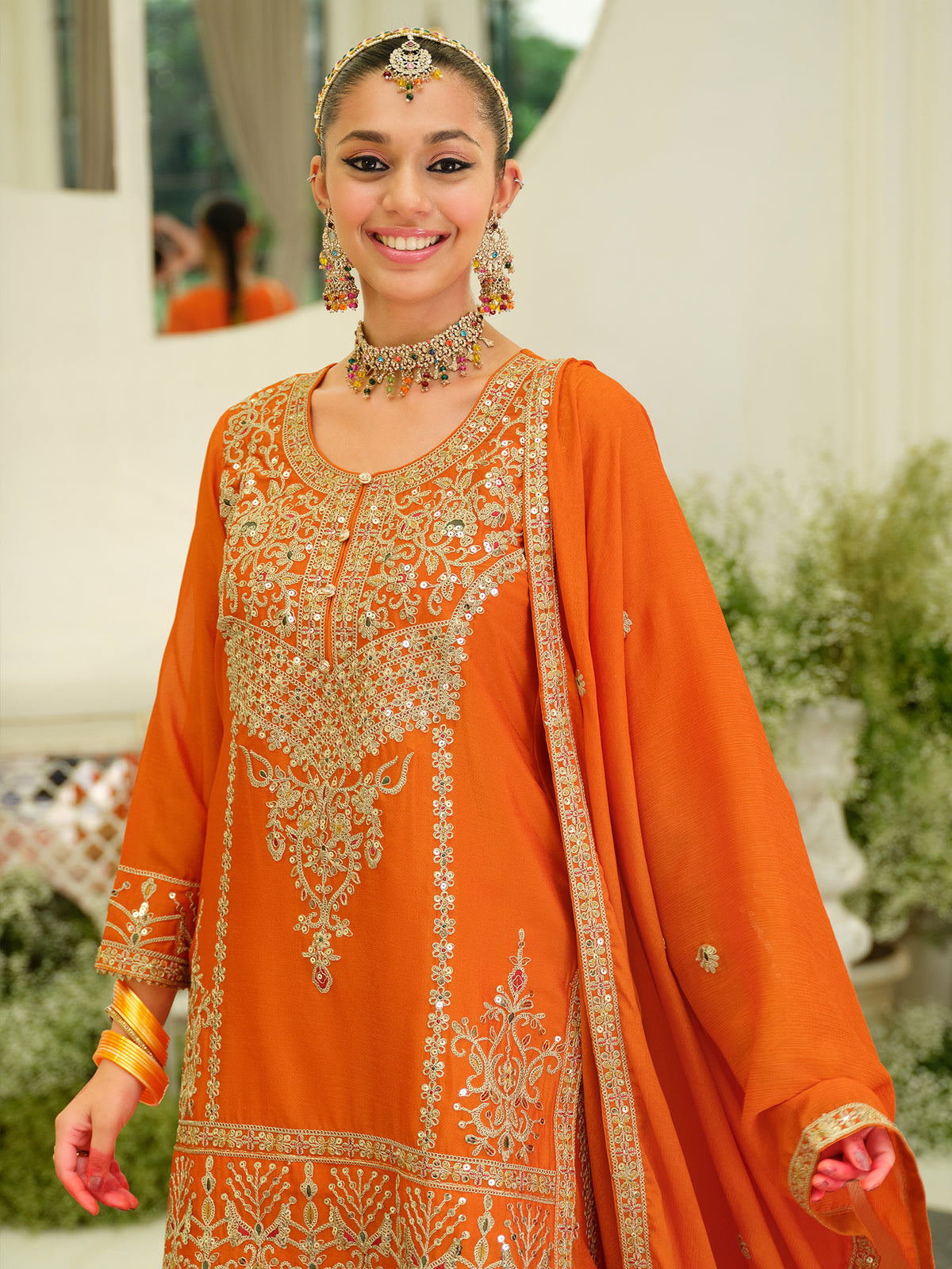 Orange Embroidered Straight Kurta Skirt With Dupatta Set