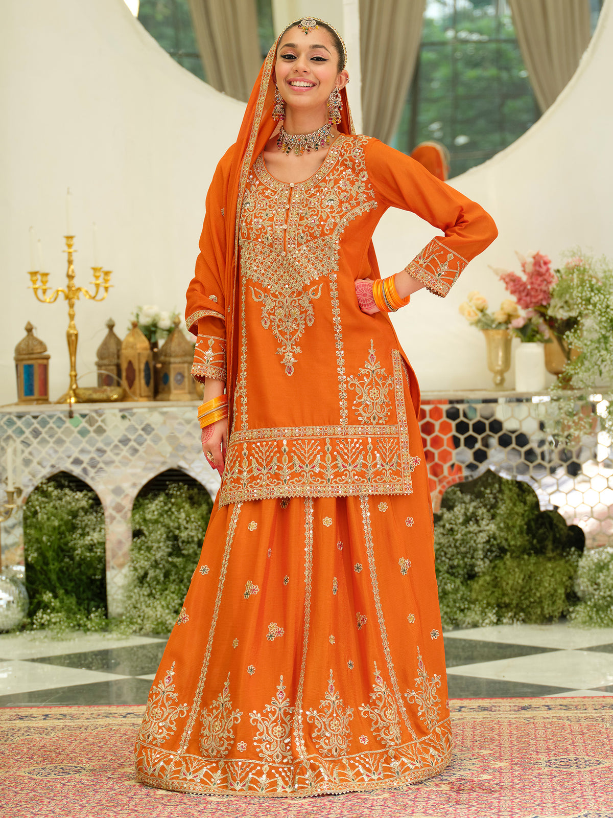 Orange Embroidered Straight Kurta Skirt With Dupatta Set